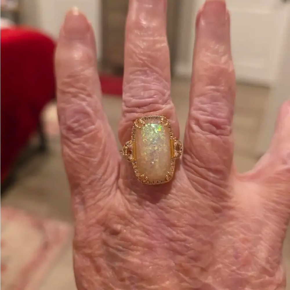 🆕 Gold Plated Large Elliptical Fire Opal Ring, White Opal Stone with CZ Size 6